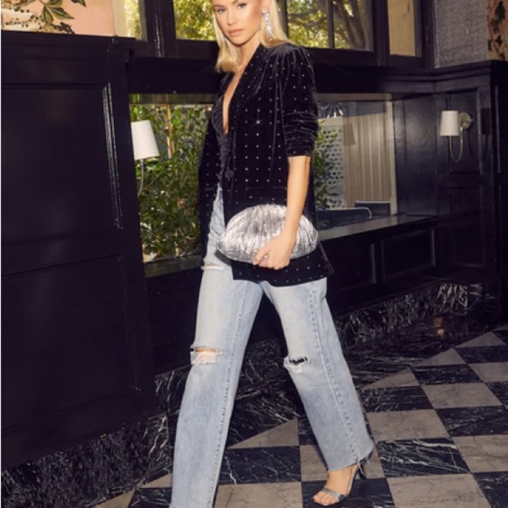 Vici Runway Muse Pocketed Embellished Velvet Blazer - Black